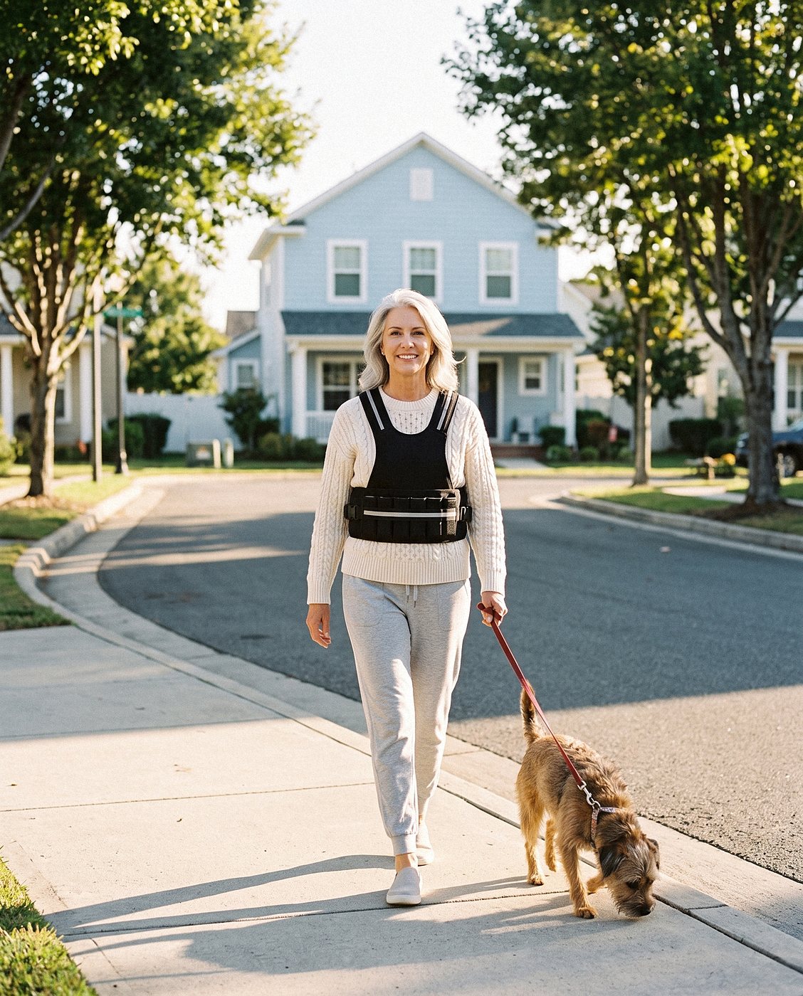 Woman in her fifties walking her dog in the sun wearing a HEFT Light vest
