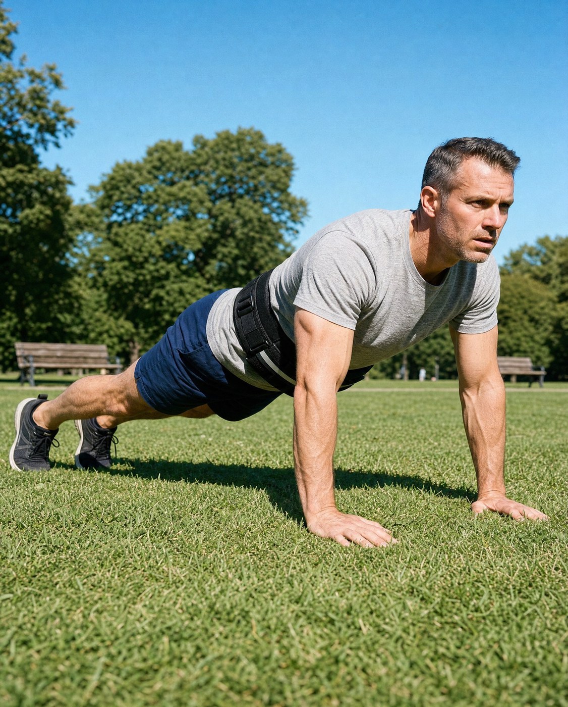 Man doing push-ups wearing a HEFT Heavy weighted vest