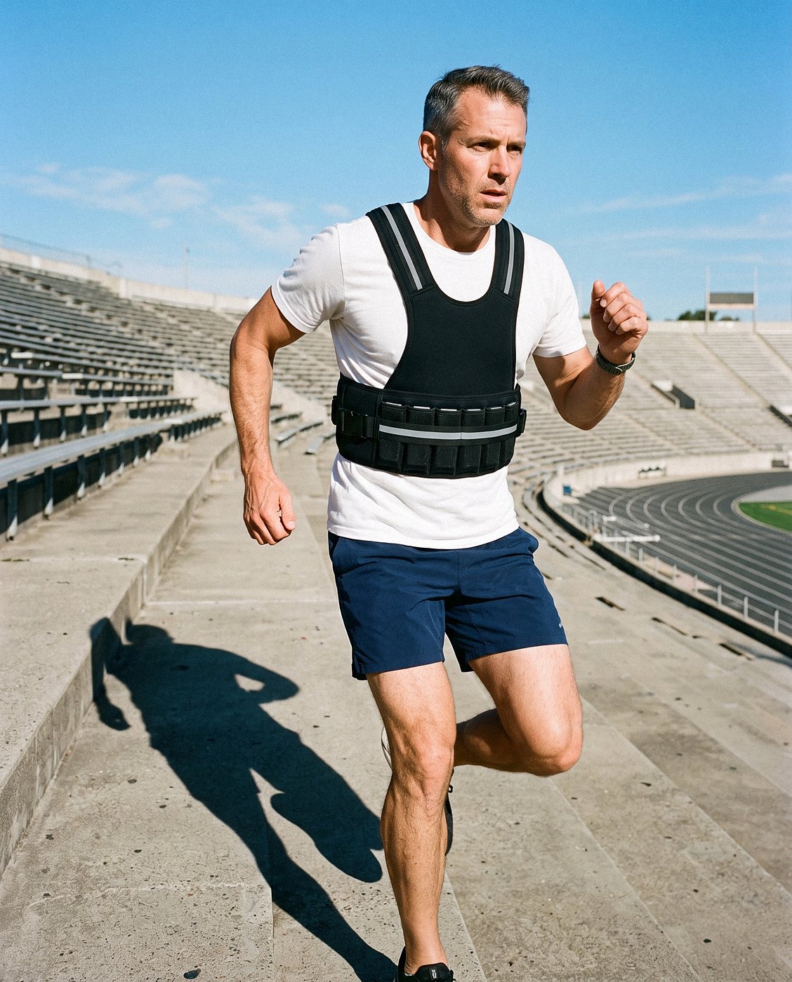 Man climbing stadium stairs in the sun wearing a HEFT Core weighted vest