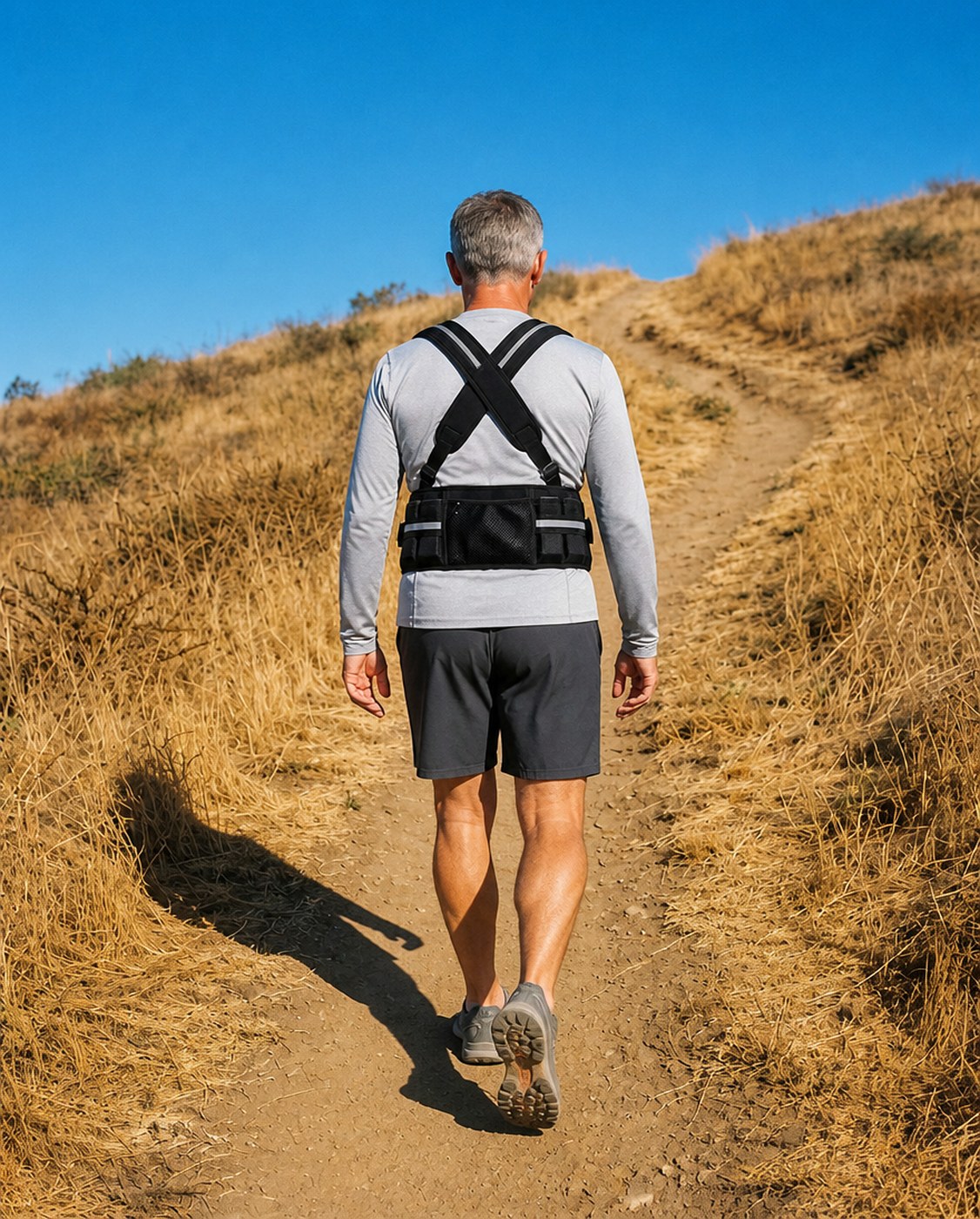 Man climbing a hillside trail in a HEFT Core weighted vest, X-straps and reflective stripes