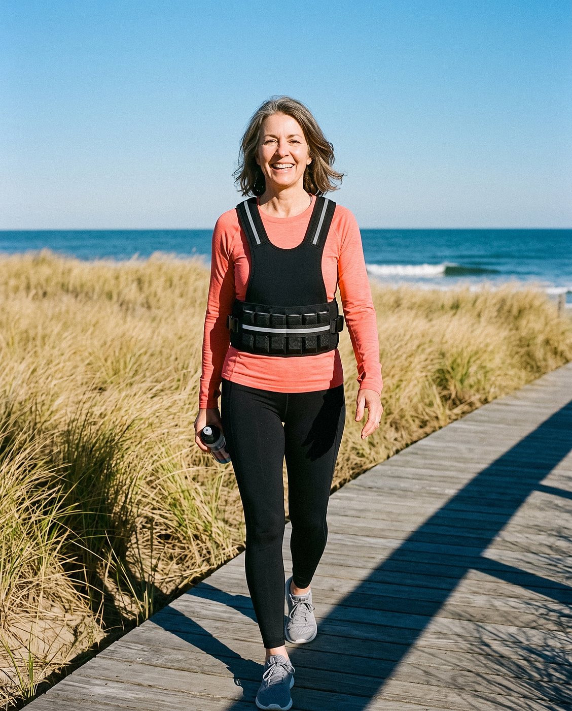 Woman on her daily walk wearing a HEFT Light weighted vest over a T-shirt