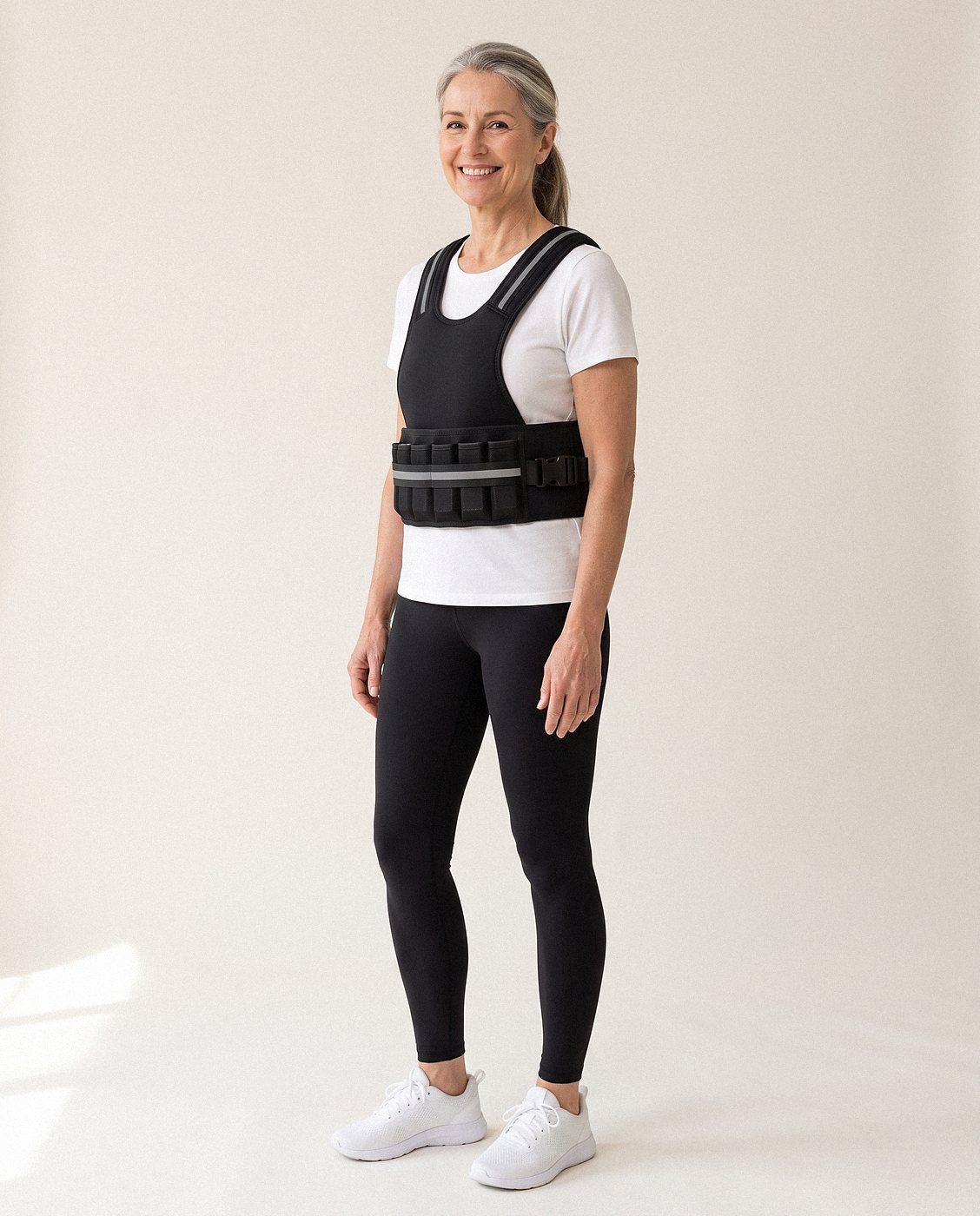 Woman wearing a HEFT Light weighted vest over a T-shirt, side buckles cinched